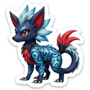 Colorful patterned esoteric shiny glowing scaly scary cool badass edgy Zorua-Absol-Salandit-fusion (full body) sticker