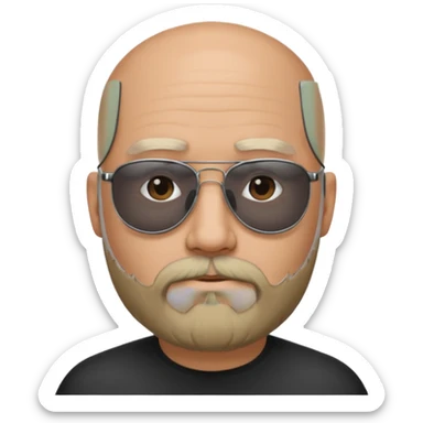 Bald man, wearing black opaque sunglasses, gray goatee beard sticker