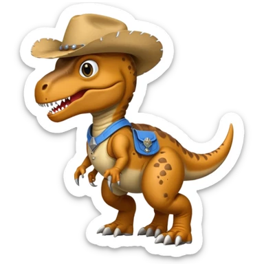 trex dinosaor with cowboy helmet with cowbot clothes sticker