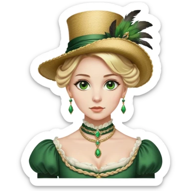 lady with Pale complexion, sharp features, high cheekbones, Blonde hair, usually styled in regancy braided updo, green eyes accessorized with a feathered hat, royal sticker