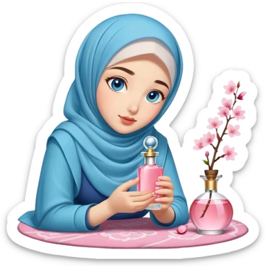 Turkish beautiful finish Konya girl blue eyes with cherry blossom hijab smells perfume on the floor  sticker