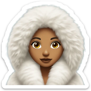 Tanned Girl with lashes ,  in an extremely big fluffy oversized white fur coat with hood on. The fur is real and it’s very obvious big and fluffy like in Pinterest  sticker