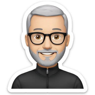 Man with light skin, buzz cut black hair, short peppered gray beard, large black-framed glasses, smiling face, black long sleeve athletic shirt with zippered high neck sticker