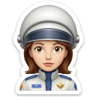 woman with brown hair and brown eyes.  space ship captain with white hat sticker