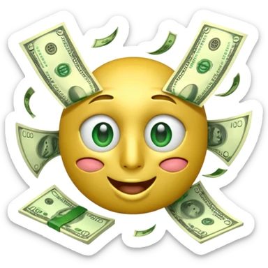 3D glossy money emoji, dollar-sign eyes, cash flying out of mouth, seamless loop, centered, transparent background sticker