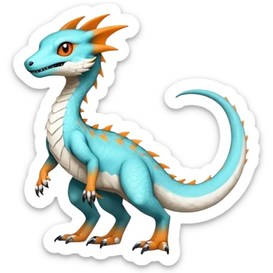 Rare realistic exotic cute white gloomy whitish and orange and cyan epic pretty beautiful handsome gorgeous aesthetic colorful vibrant Vernid-Trico-species-Fakemon-Salandit-hybrid-creature by LiLaiRa, 4 legs, 1 tail, random markings, (full body) sticker