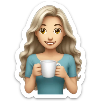white young brunet woman with italian appearance long hair with face visible huge smile and eyes wide open holding a huge cup of coffee sticker