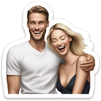 Hyper Realistic beautiful dior model laughing with a handsome male model  sticker