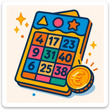 cartoon-style colorful lottery ticket with European vibe, playful number boxes, shiny euro coin, sparkles, no text or logos, white background sticker