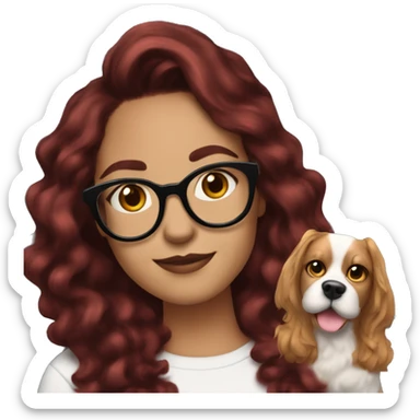a girl with light skin , wear cat eye glasses , wavy mid length hair , dark red hair with the snapchat dog filter sticker