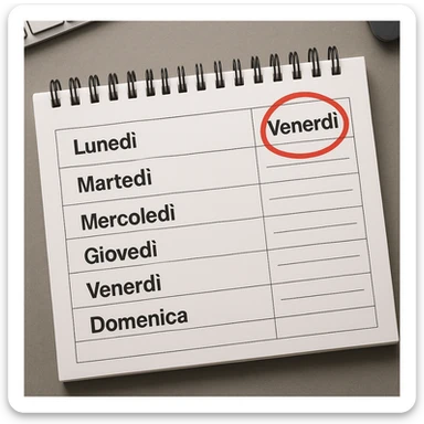 weekly calendar in Italian, days from Monday to Sunday, Friday highlighted with a red circle, top view, realistic style, 4K details, office environment sticker