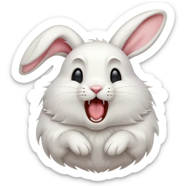Cinematic Cute Yawning White Rabbit Portrait Emoji, Head tilted slightly with a dramatic, wide-open yawn, showcasing a smooth, silky white fur with floppy ears, round dark eyes barely open in drowsy contentment, Simplified yet irresistibly adorable features, highly detailed, glowing with a soft, cozy glow, high shine, relaxed yet expressive, stylized with a touch of whimsy, bright and endearing, soft glowing outline, capturing the essence of a sleepy yet affectionate bunny, so drowsy it feels like it could stretch out of the screen and curl up for a nap! sticker