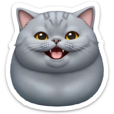 Cinematic Cute Chubby Grey British Shorthair Cat Portrait Emoji, Head tilted playfully and yawning, round and plump body with sleek soft grey fur and subtle blue undertones, Simplified yet adorable features, highly detailed, glowing with a warm, friendly glow, high shine, curious yet calm, stylized with a touch of whimsy, bright and endearing, soft glowing outline, capturing the essence of a mischievous yet loving and lazy kitty, so cute it feels like it could stretch out of the screen and cuddle! sticker