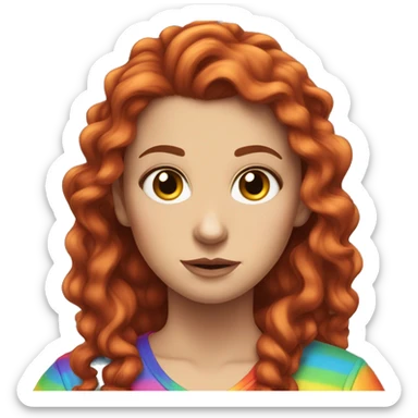a white girl with long red curly hair in a pony tail with rainbow shirt being bad ass sticker