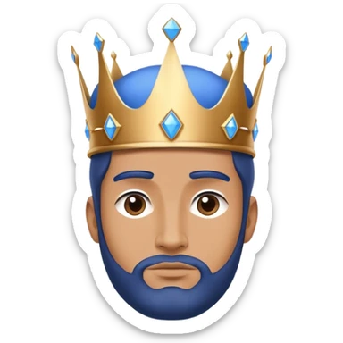 A man  wearing a large, simple blue crown that is bigger than his face. The crown has no details or gemstones, with a wide, smooth base. The design is clean and minimalistic. sticker