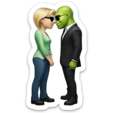 shrek kissing with white-guy-in-gradient-green-blue-suit-with-blonde-hair-and-black-sunglasses-standing-with-black-shoes sticker