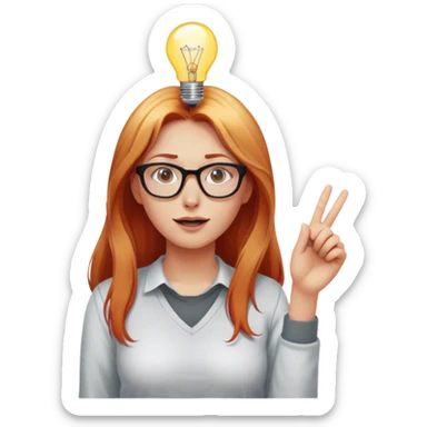 intelligent and clever, 30 year old, girl, long red and almost blond hair, glasses, has an brillant idea, one light bulb next (not over) her head in the air, casual cloth  sticker