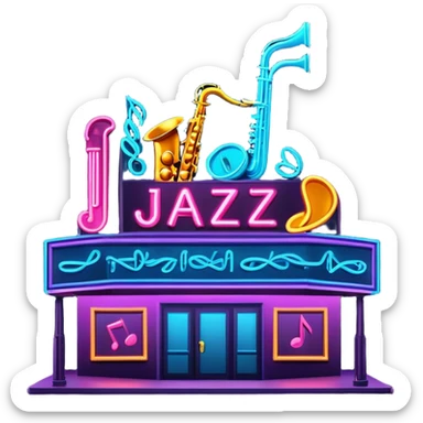 jazz nightclub with neon sign and musical notes on dark background sticker