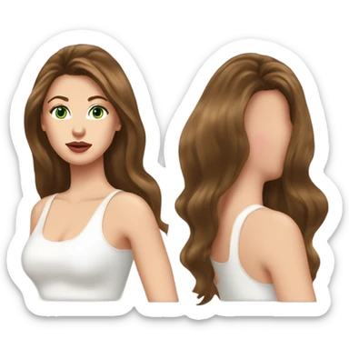 Gorgeous woman, with chestnut brown hair, her hair are a 90s voluminous very long blowout with curtain bangs, she has very green eyes and a white pale skin, she has pink lipstick on and long lashes, she wears a white tank top and  gold earrings sticker