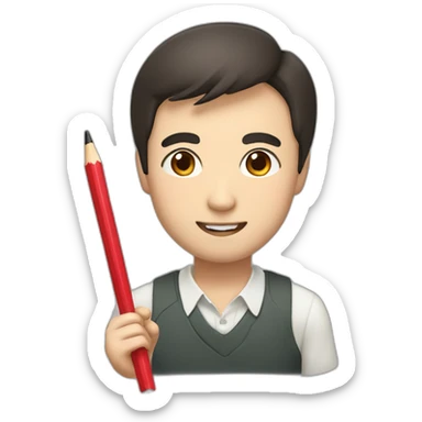 A thick, round face, slightly droopy eyes, thin eyebrows, large head, dark brown hair, and a smiling Japanese uncle holding a pencil. sticker