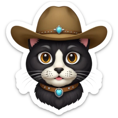 combine the cowboy empjis with a bclack cat emoji and make it have a black thick moustache over the cat wiskers sticker