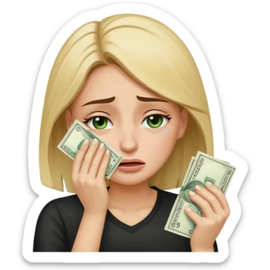 Crying Woman with tears on her face wiping her eyes with cash  sticker