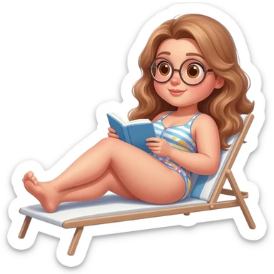 detailed emoji illustration of a curvy woman with long light brown wavy hair and light brown eyes wearing round glasses, relaxing on a lounge chair in a swimsuit while reading a book, sunny summer atmosphere, emoji style sticker