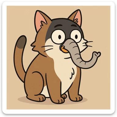 a cat with a penguin's face and an elephant's trunk, cartoon style sticker