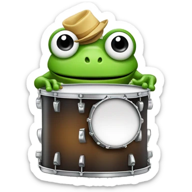 can be translated to English as "A frog drummer wearing a hat sticker