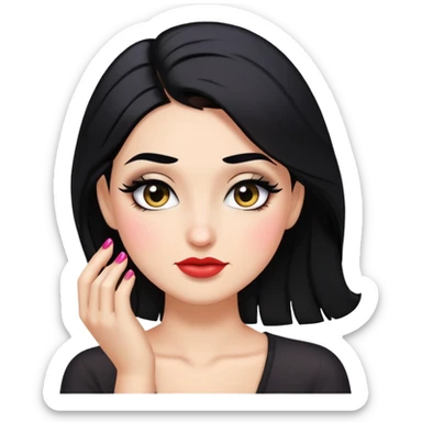 sassy smirk face looking down with makeup, black hair, one hand in hair, highly emoji-like sticker