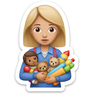 A kindergardenteacher carrying toys while looking exhausted and stressed. sticker