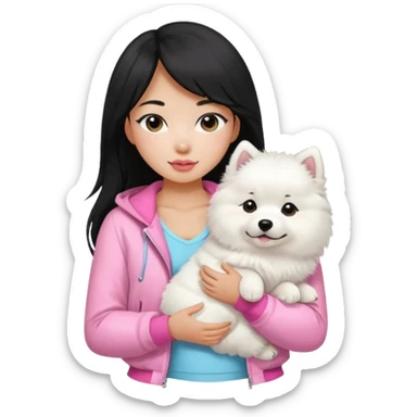 A black long hair asian pretty girl with a bright skintone using a baby pink juicy couture jacket with white tanktop holding a samoyed dog sticker