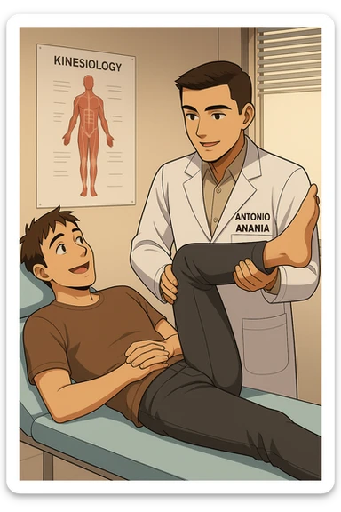 fai un webtoon manga a colori con questo stile, in cui un uomo è steso sul lettino medico e il kinesiologo con il camice bianco (fagli anche la scritta "ANTONIO ANANIA" SUL CAMICE, gli solleva una gamba per fargli il test neuromuscolare, IL KINESIOLOGO SPIEGA ALL'UOMO UNA cosa mentre gli alza la gamba. l'espressione dell'uomo è felice e soddisfatta, non fare i fumetti però, fai solo in modo che sembri stiano parlando, il lettino fai in modo che si veda tutto intero sticker