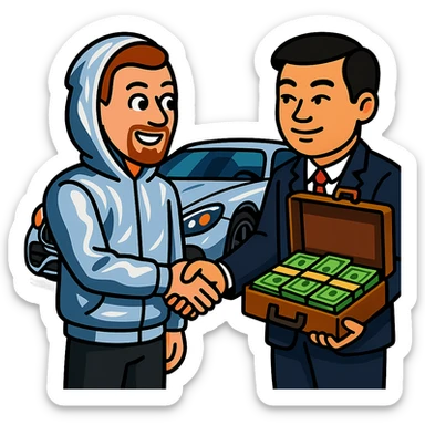 A white man with a goatee, natural skin, wearing a chrome hoodie, shaking hands with a Chinese man with natural skin, giving him a briefcase of green dollar bills. AMG car in the background. Vibrant cartoon style. sticker