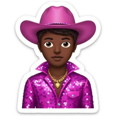 Lil Nas X with dark brown hair, dark pink sequin outfit sticker