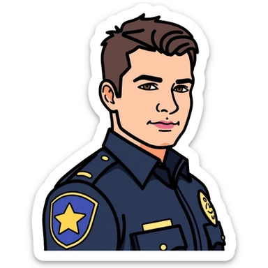 Realistic portrait of Nathan Fillion as John Nolan from The Rookie, detailed police officer with short hair and uniform sticker