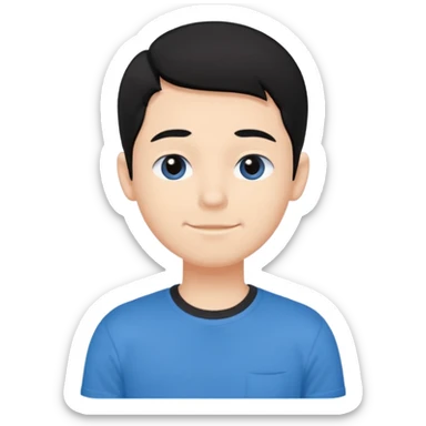 Cute cartoon-style boy portrait, black hair, blue t-shirt, big black eyes, closed mouth,clean bold lines, flat colors, minimal shading sticker