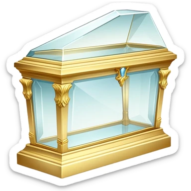 A delicate glass coffin with golden trim, resting on an ornate pedestal. Soft light reflects off the glass, adding an ethereal, fairy-tale glow sticker