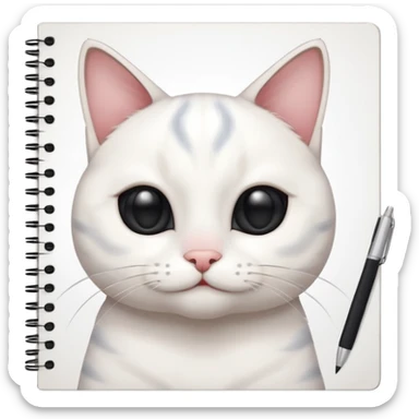 gatita blanca con manchas grandes negras en los ojos feliz en viendo una libreta con anillado sticker