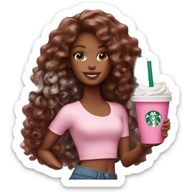 Barbie girl with brown long curly hair holding Pink starbucks refresher sticker