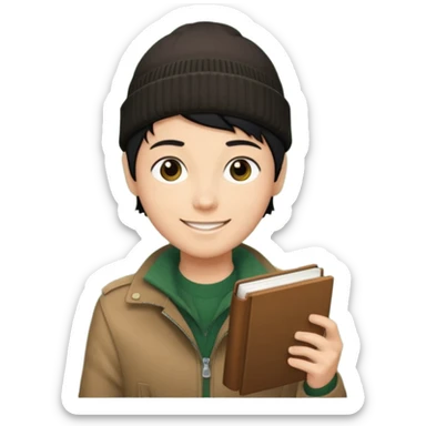 tan skin, non binary man with pixie cut black hair, wearing brown jacket and dark green beanie, smiling , holding up  book  sticker