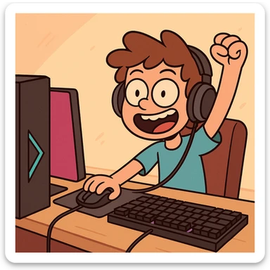 a young boy with a gaming setup, cartoon style, modern, fun, colorful, energetic sticker