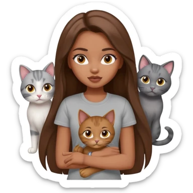 a pretty bratz dusky girl with long brown hair with four cats nd wearing a grey tshirt sticker
