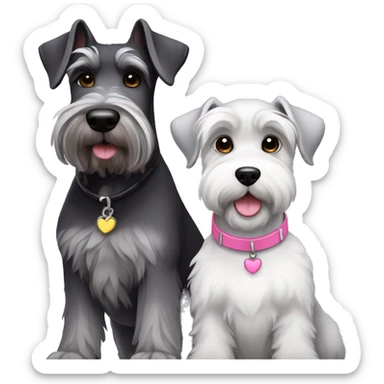 A big gray schnauzer with dark eyes wearing a black collar next to a small all white puppy schnauzer wearing a pink collar  sticker