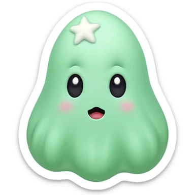 A cute, light green animated blob ghost with big round black eyes, a small white mouth, and rosy cheeks. The character has a unique upward-curving white tuft on its head. It stands against a soft pastel green background with a small white star to its left.  sticker