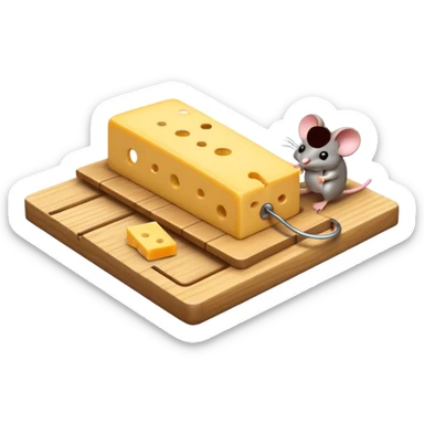 A 3D emoji in iOS emoji aesthetic style of a small mousetrap on a wooden base with a tiny gray mouse approaching a small piece of yellow cheese on it, minimal white background, bright lighting, clean and glossy Apple-style design sticker