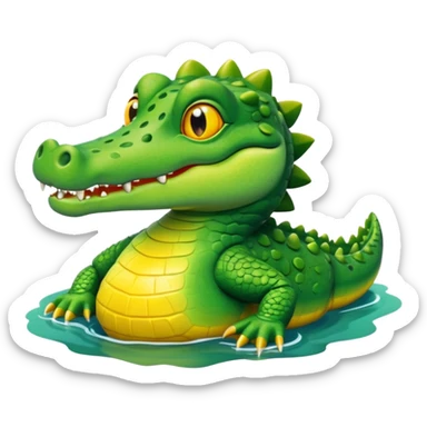 A cute 3D cartoon crocodile resting on a riverbank, part of its body in the water. Smooth rounded design, bright colors, soft lighting, friendly expression, Memoji-style realism. sticker