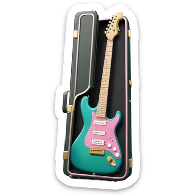 minimalist electric guitar in dark green with pink and blue stripe decal, closed inside a black rectangular hard case with gold latches, flat semi-3D style, soft matte textures, simplified details, stylized decal accent, compact artistic look sticker