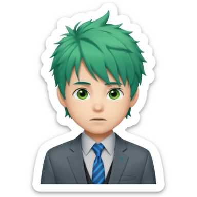 deku : boy anmie green hair green eyes in a ua gray jacket and blue tie suit with frenkles messy hair and black on the bangs sticker