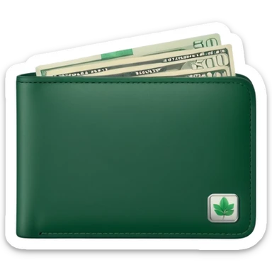 clean white men's wallet with dark green details, white banknotes with dark green elements visible, minimalist design sticker